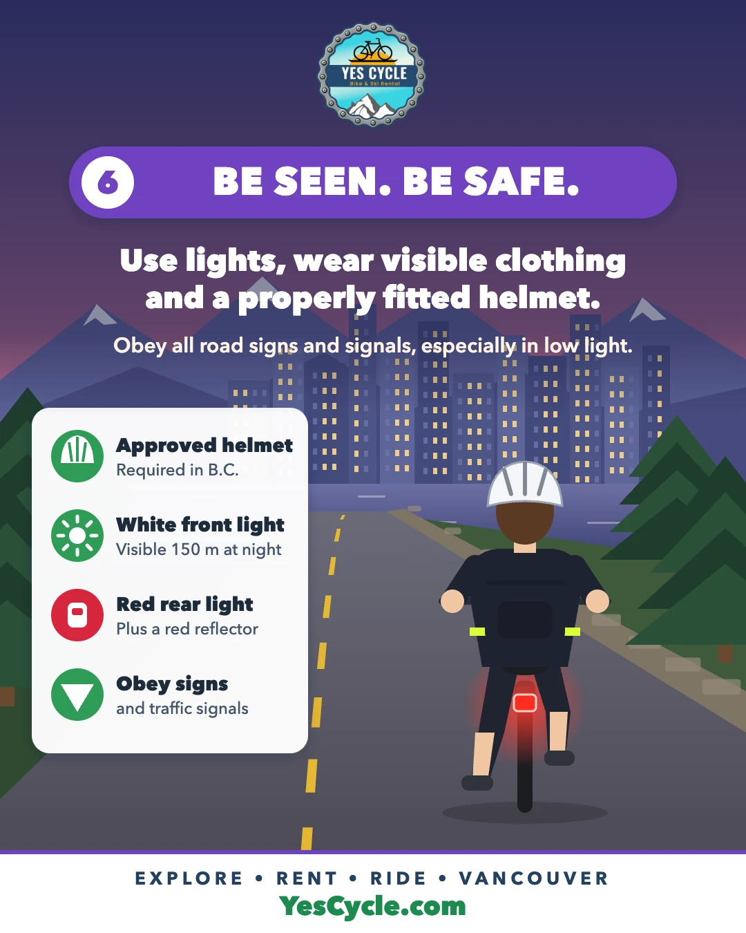 Cyclist at dusk with red rear light, reflective clothing and helmet, with B.C. bike light and helmet checklist