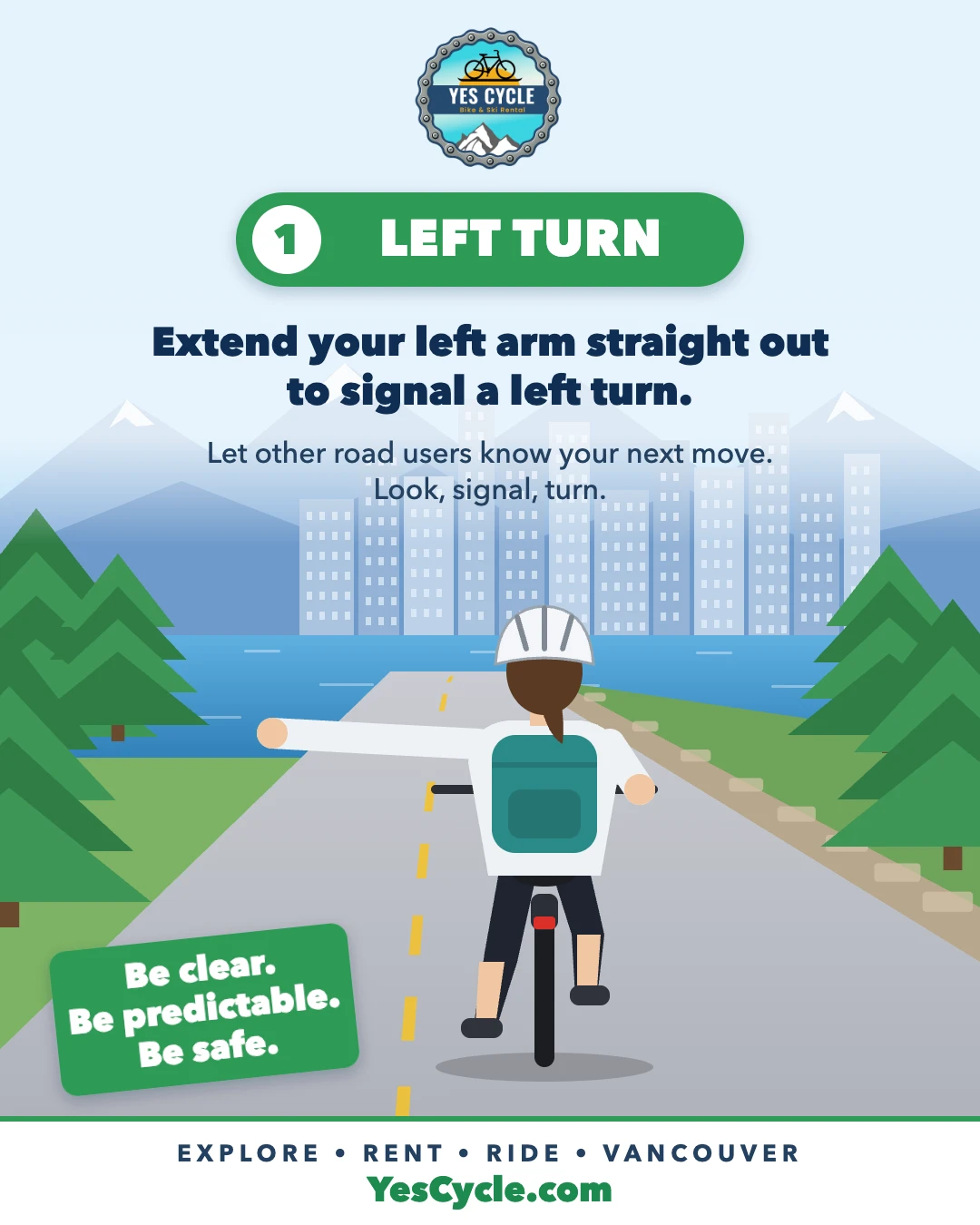 Cyclist on the Vancouver Seawall extending left arm straight out to signal a left turn