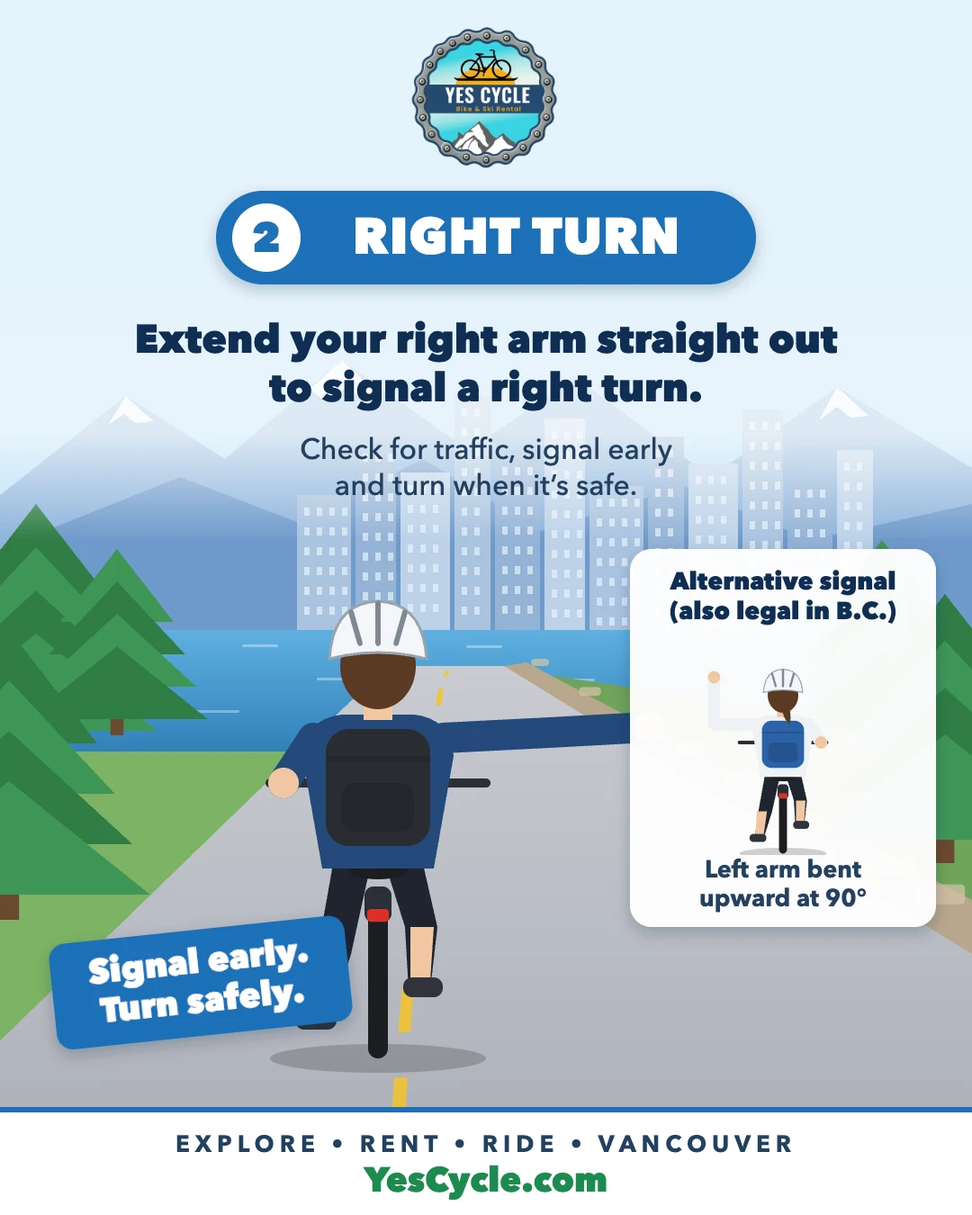 Cyclist extending right arm to signal a right turn, with the alternative left arm bent upward signal legal in B.C.