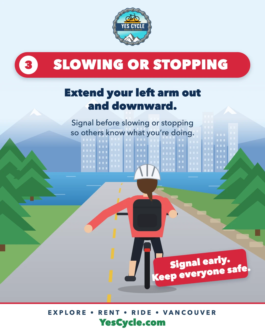 Cyclist extending left arm out and downward to signal slowing or stopping